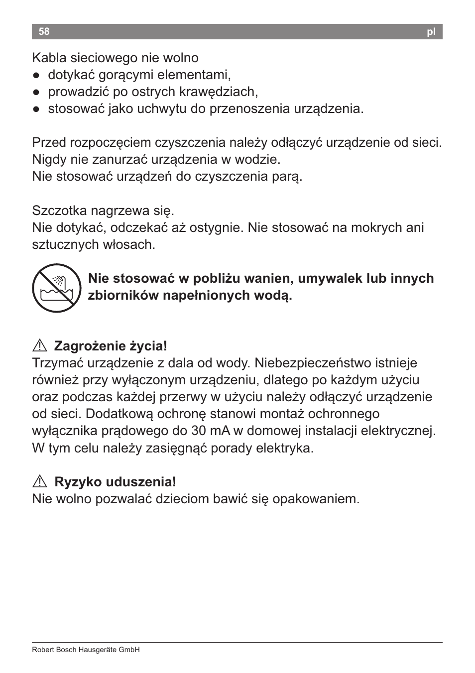 A zagrozenie zycia, A ryzyko uduszenia | Bosch PHA2204 Warmluftstylingbürste Purple Passion User Manual | Page 60 / 84