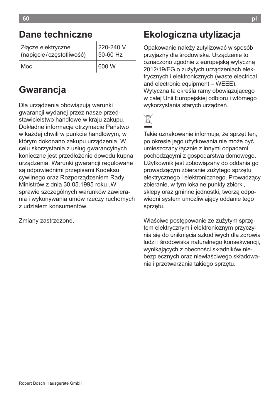 Dane techniczne, Ekologiczna utylizacja, Gwaraneja | Bosch PHA2204 Warmluftstylingbürste Purple Passion User Manual | Page 62 / 84
