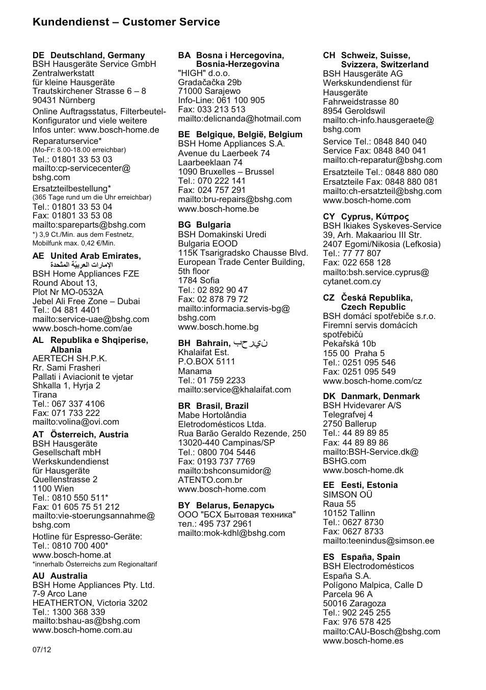 Kundendienst - customer service | Bosch PHA2204 Warmluftstylingbürste Purple Passion User Manual | Page 82 / 84