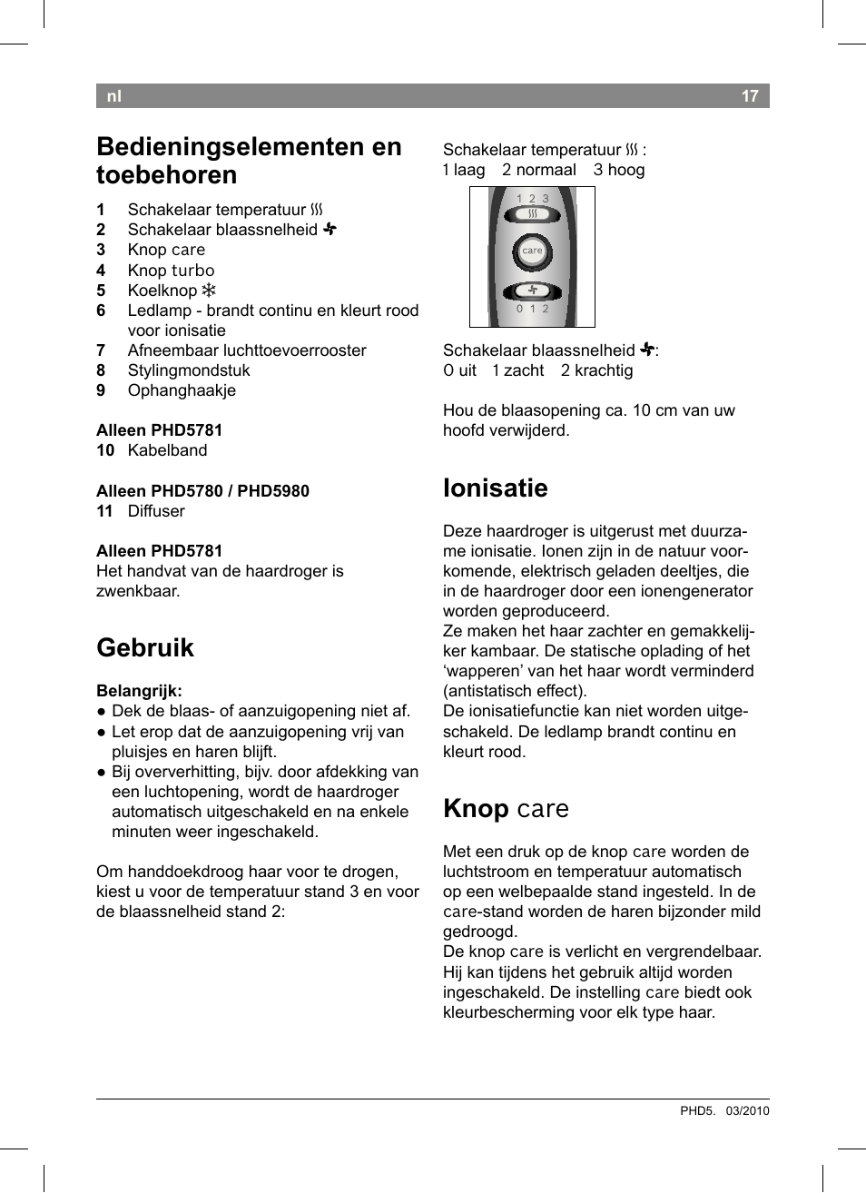 Bedieningselementen en toebehoren, Gebruik, Ionisatie | Knop care | Bosch PHD5513 Haartrockner beautixx comfort User Manual | Page 19 / 74
