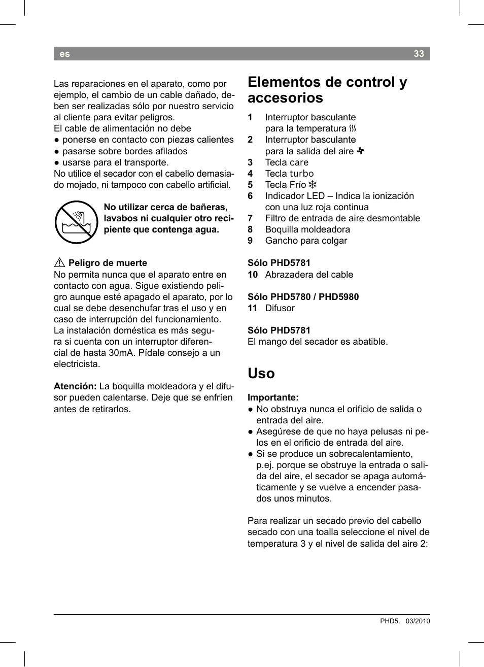 Elementos de control y accesorios | Bosch PHD5513 Haartrockner beautixx comfort User Manual | Page 35 / 74