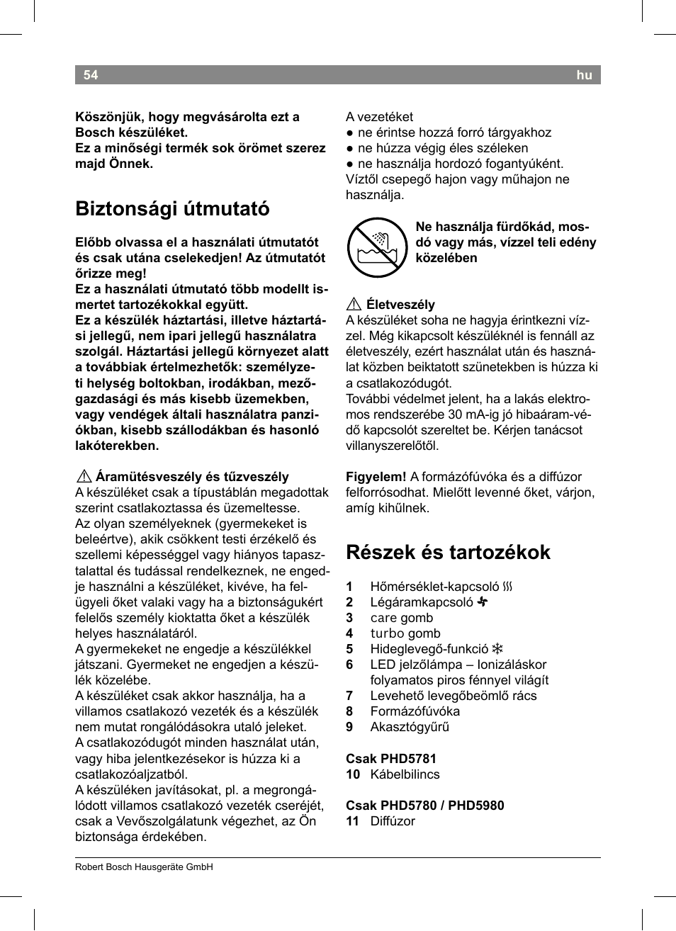Biztonsági útmutató, Részek és tartozékok | Bosch PHD5513 Haartrockner beautixx comfort User Manual | Page 56 / 74