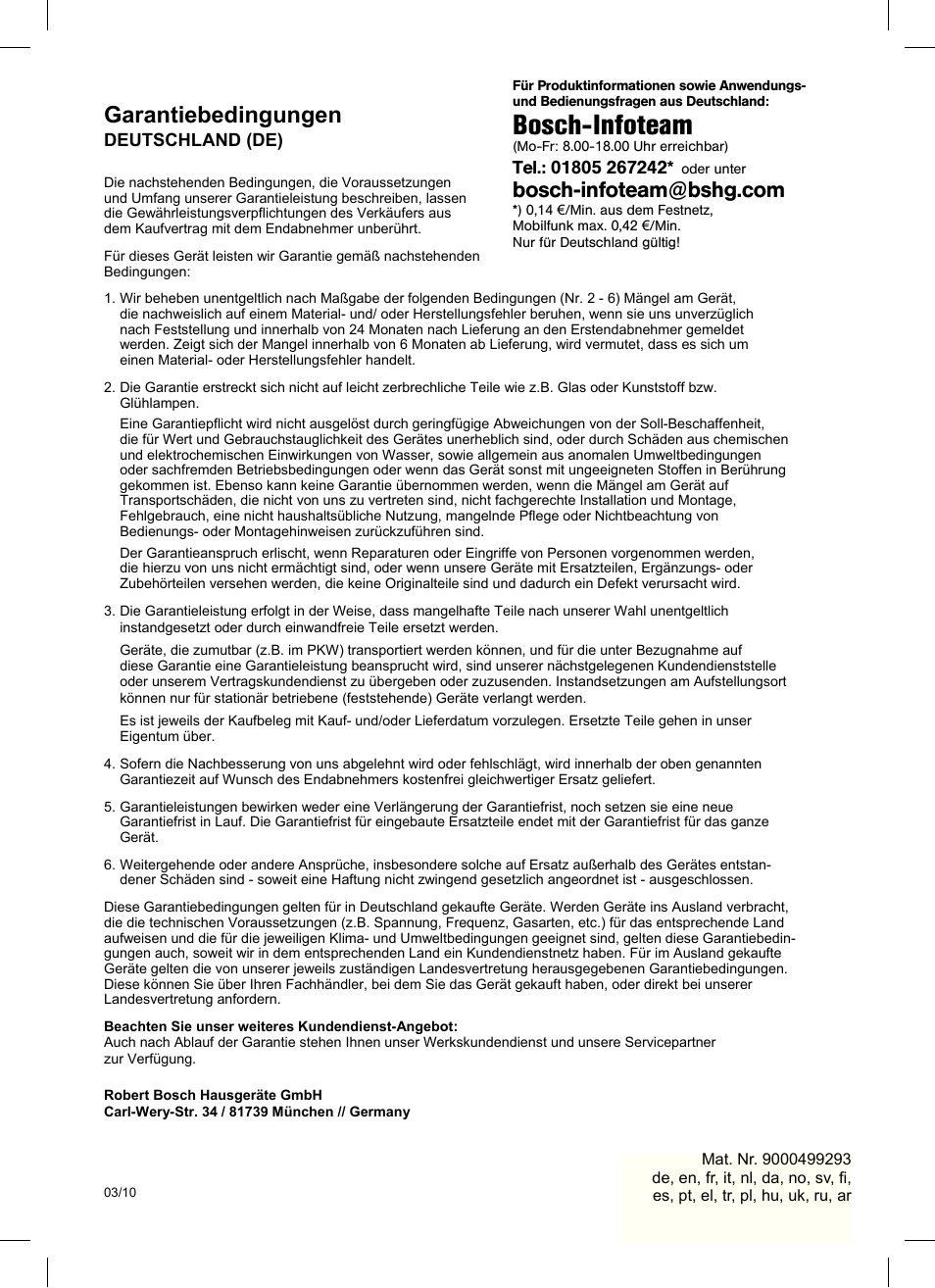 Bosch-infoteam, Garantiebedingungen | Bosch PHD5513 Haartrockner beautixx comfort User Manual | Page 74 / 74