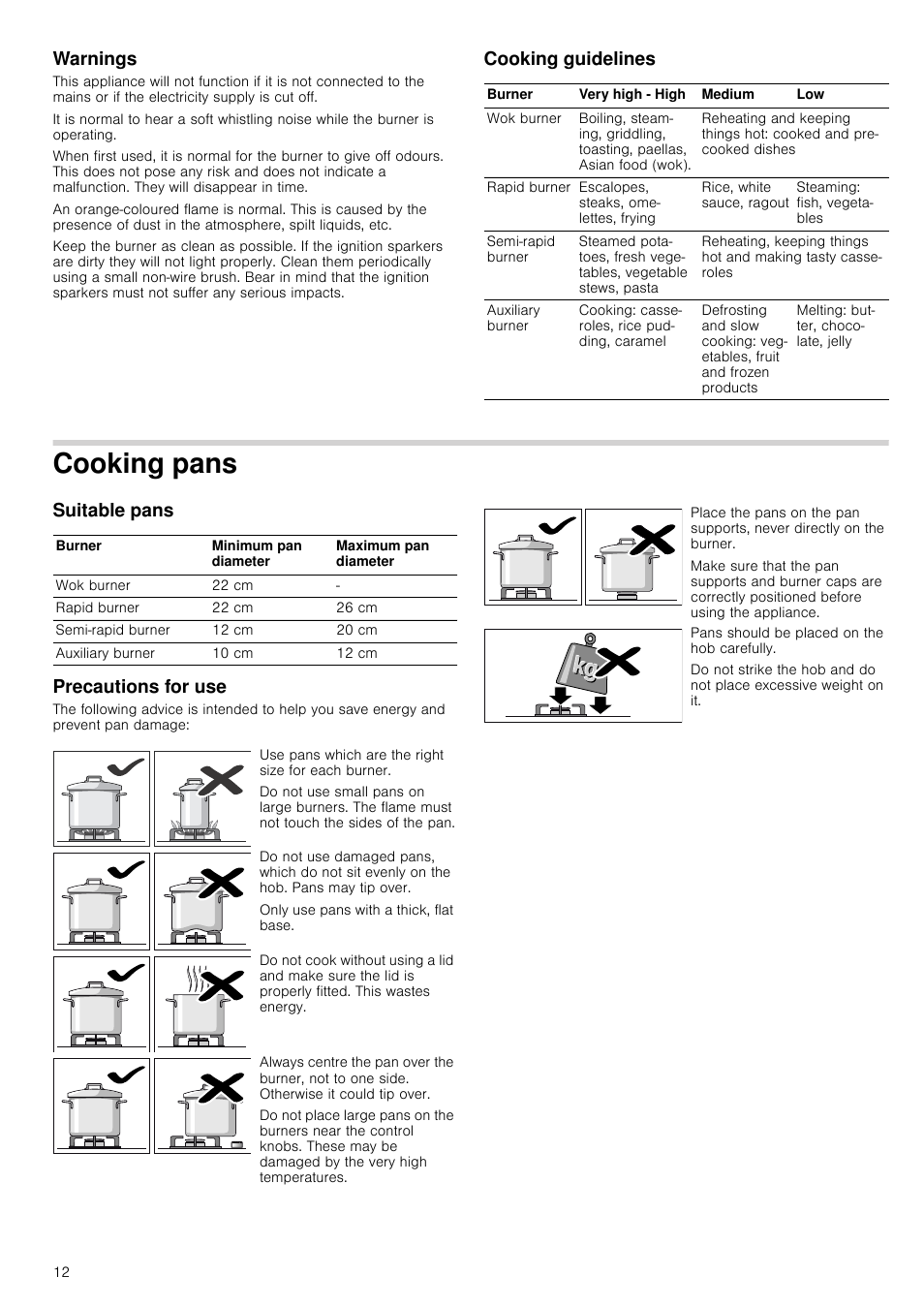 Warnings, Cooking guidelines, Cooking pans | Suitable pans, Precautions for use, Suitable pans precautions for use | Bosch NNH615XEU Gas-Kochfeld Edelstahl 60 cm User Manual | Page 12 / 51