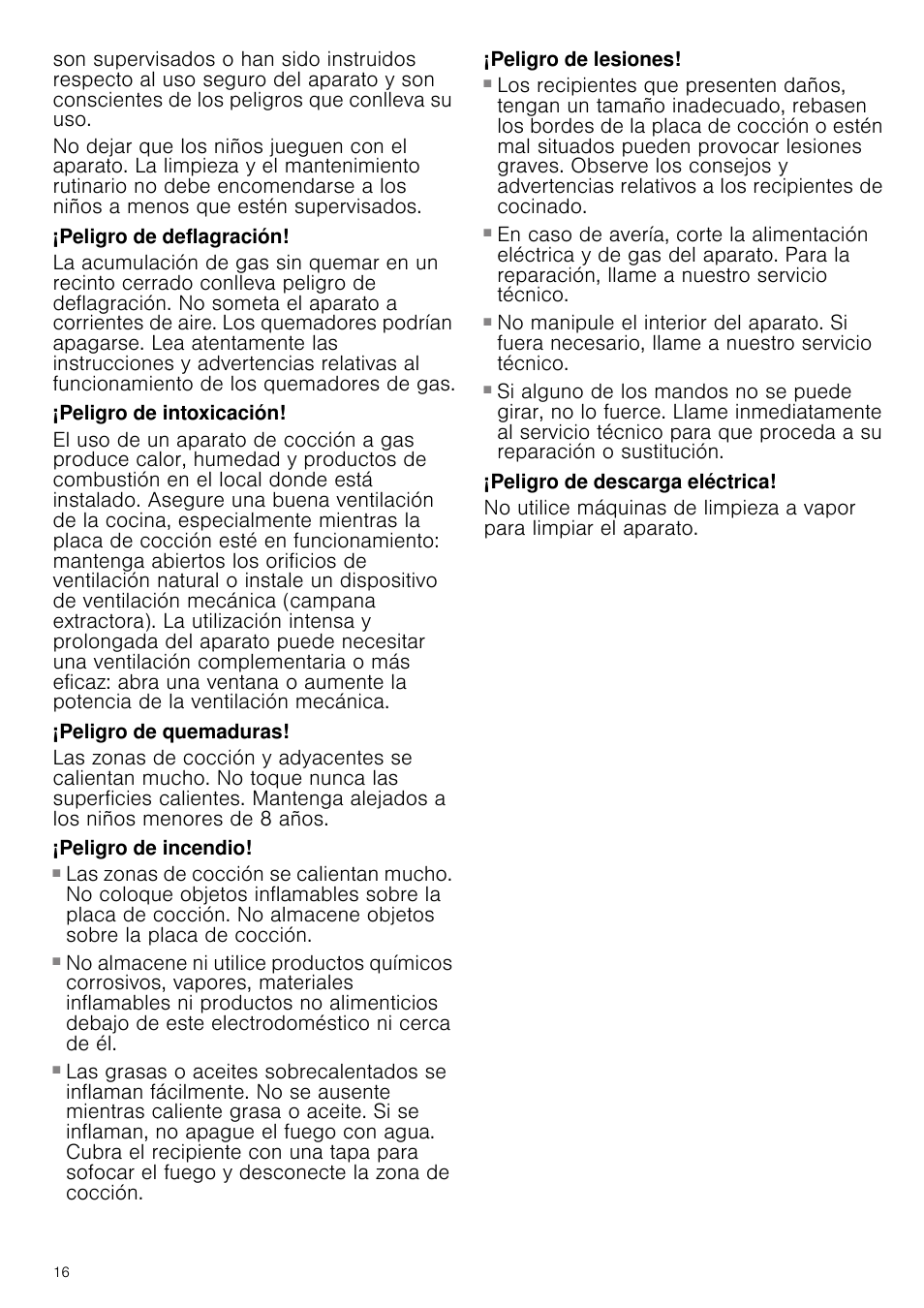 Peligro de deflagración, Peligro de intoxicación, Peligro de quemaduras | Peligro de incendio, Peligro de lesiones, Peligro de descarga eléctrica | Bosch NNH615XEU Gas-Kochfeld Edelstahl 60 cm User Manual | Page 16 / 51