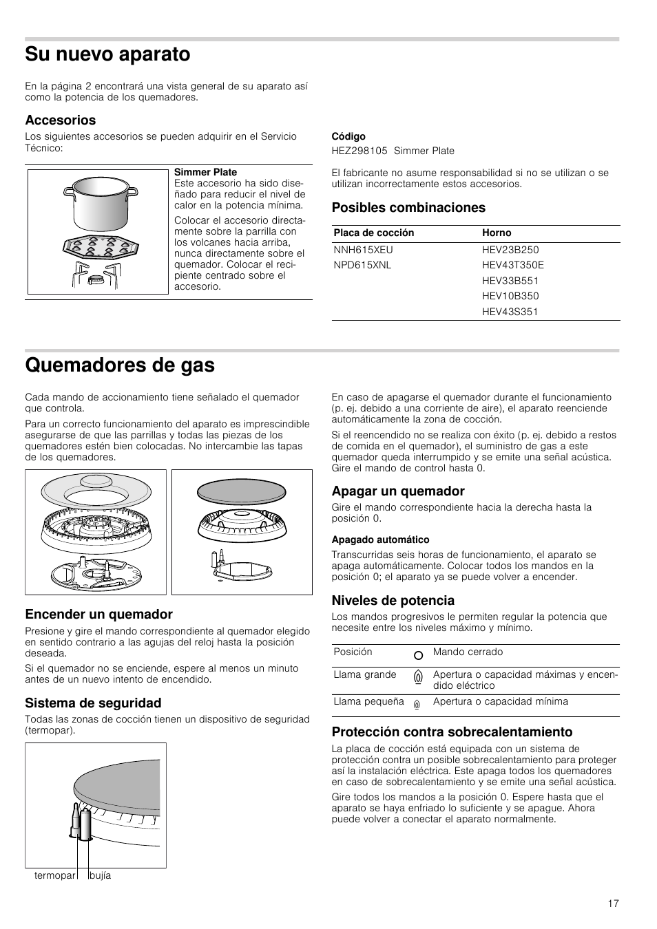 Su nuevo aparato, Accesorios, Código | Posibles combinaciones, Quemadores de gas, Encender un quemador, Sistema de seguridad, Apagar un quemador, Apagado automático, Niveles de potencia | Bosch NNH615XEU Gas-Kochfeld Edelstahl 60 cm User Manual | Page 17 / 51