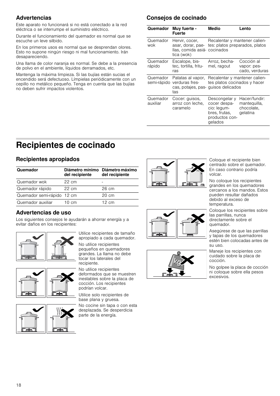 Advertencias, Consejos de cocinado, Recipientes de cocinado | Recipientes apropiados, Advertencias de uso, Recipientes apropiados advertencias de uso | Bosch NNH615XEU Gas-Kochfeld Edelstahl 60 cm User Manual | Page 18 / 51