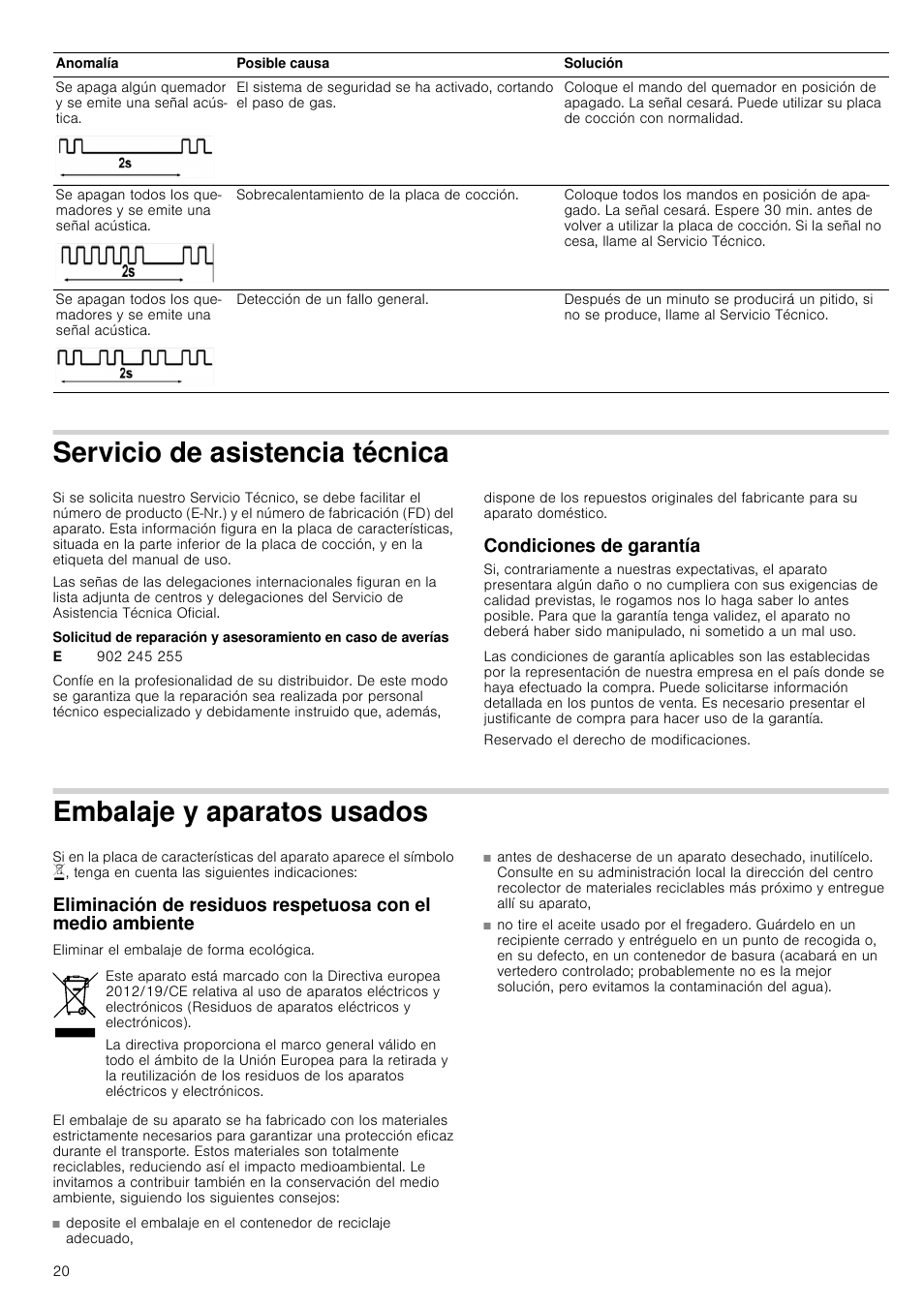 Servicio de asistencia técnica, Condiciones de garantía, Embalaje y aparatos usados | Écnica condiciones de garantía, Os usados | Bosch NNH615XEU Gas-Kochfeld Edelstahl 60 cm User Manual | Page 20 / 51