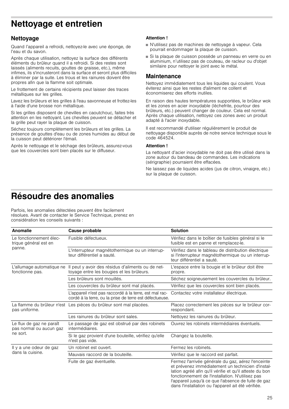 Nettoyage et entretien, Nettoyage, Attention | Maintenance, Résoudre des anomalies | Bosch NNH615XEU Gas-Kochfeld Edelstahl 60 cm User Manual | Page 25 / 51