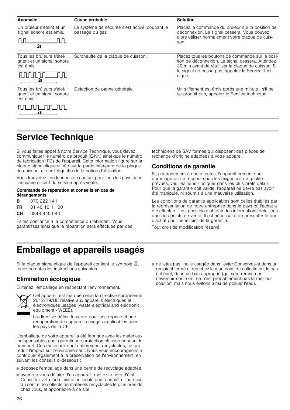 Service technique, Conditions de garantie, Emballage et appareils usagés | Elimination écologique | Bosch NNH615XEU Gas-Kochfeld Edelstahl 60 cm User Manual | Page 26 / 51