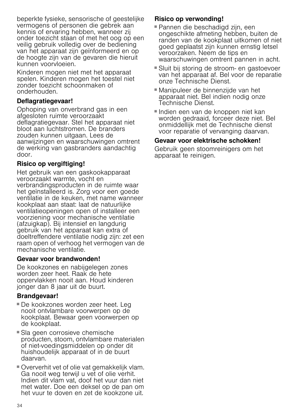 Deflagratiegevaar, Risico op vergiftiging, Gevaar voor brandwonden | Brandgevaar, Risico op verwonding, Gevaar voor elektrische schokken | Bosch NNH615XEU Gas-Kochfeld Edelstahl 60 cm User Manual | Page 34 / 51