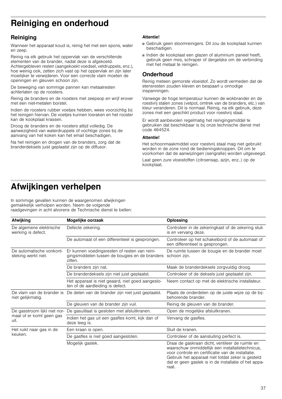 Reiniging en onderhoud, Reiniging, Attentie | Onderhoud, Afwijkingen verhelpen | Bosch NNH615XEU Gas-Kochfeld Edelstahl 60 cm User Manual | Page 37 / 51