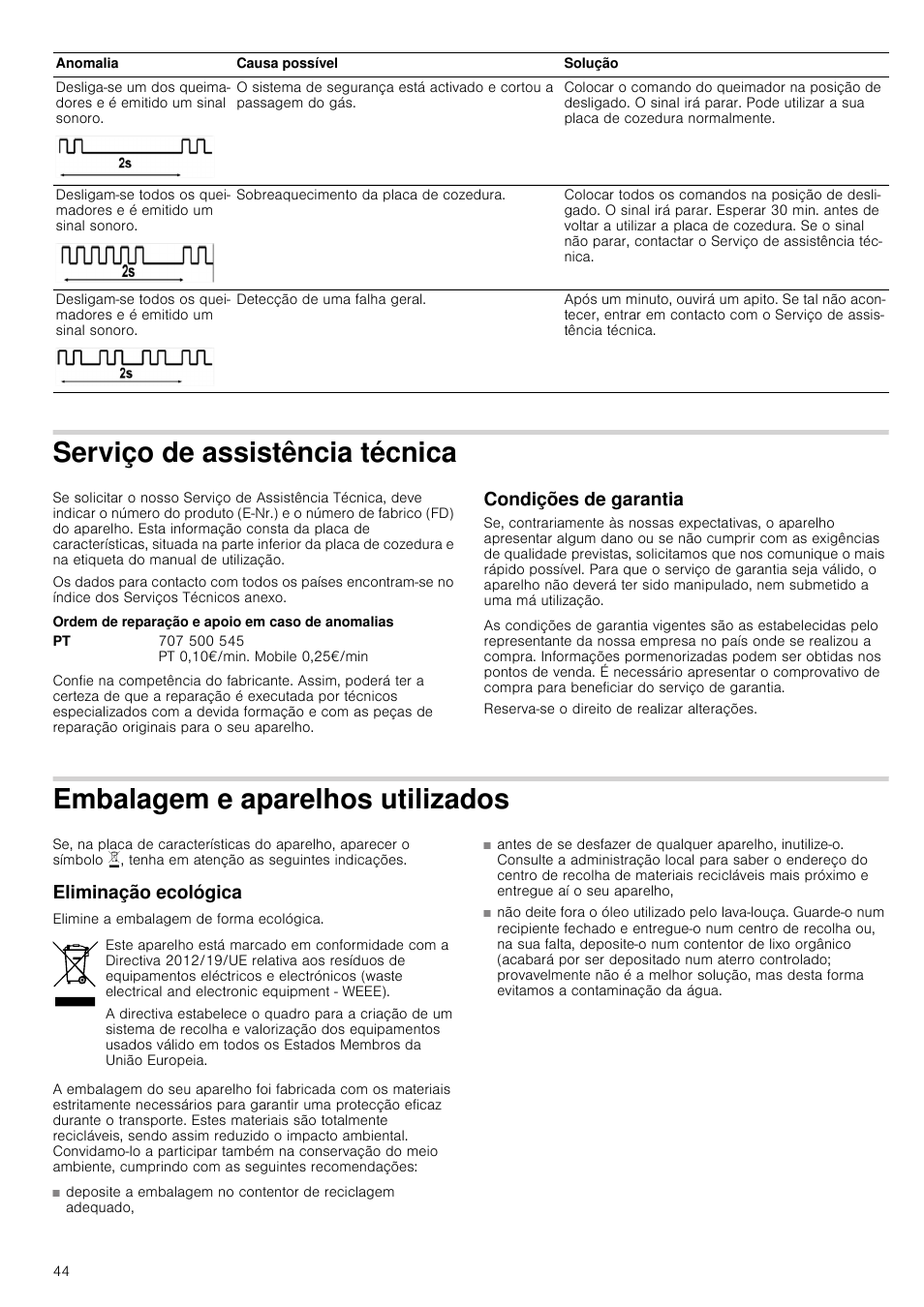 Serviço de assistência técnica, Ordem de reparação e apoio em caso de anomalias, Condições de garantia | Embalagem e aparelhos utilizados, Eliminação ecológica | Bosch NNH615XEU Gas-Kochfeld Edelstahl 60 cm User Manual | Page 44 / 51