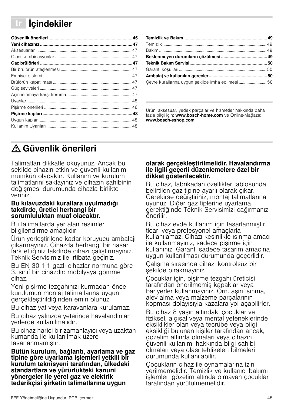 Ô içindekiler[tr] kullanma kιlavuzu, Güvenlik önerileri, Bu cihaz yat veya karavanlara kurulamaz | Vuzu, Içindekiler | Bosch NNH615XEU Gas-Kochfeld Edelstahl 60 cm User Manual | Page 45 / 51
