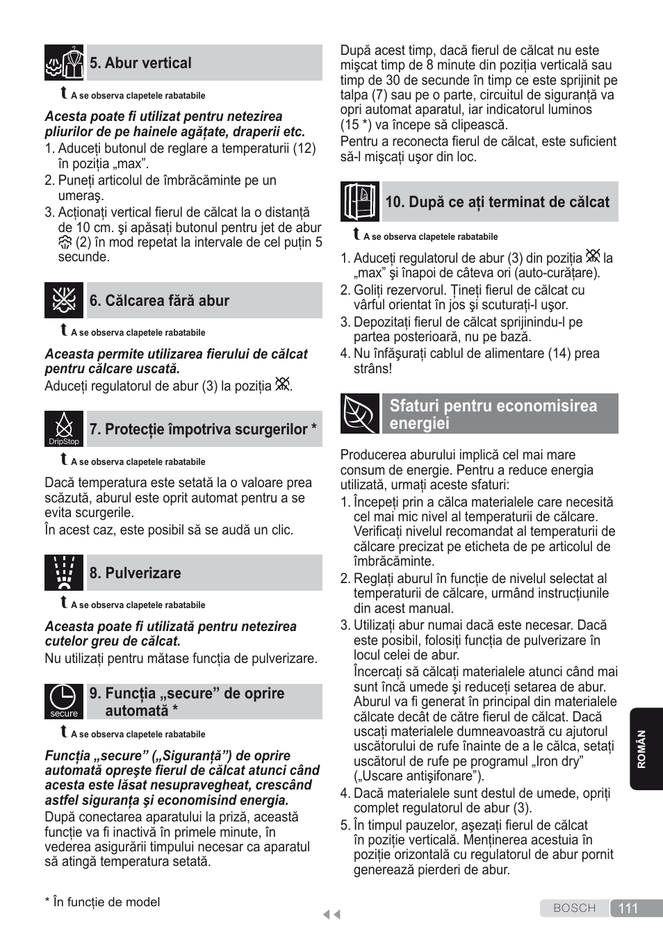 Abur vertical, Călcarea fără abur, Protecţie împotriva scurgerilor | Pulverizare, Funcţia „secure” de oprire automată, După ce aţi terminat de călcat, Sfaturi pentru economisirea energiei | Bosch Dampfbügeleisen Sensixxx DA50 ProEnergy TDA502412E weiß grün User Manual | Page 113 / 128
