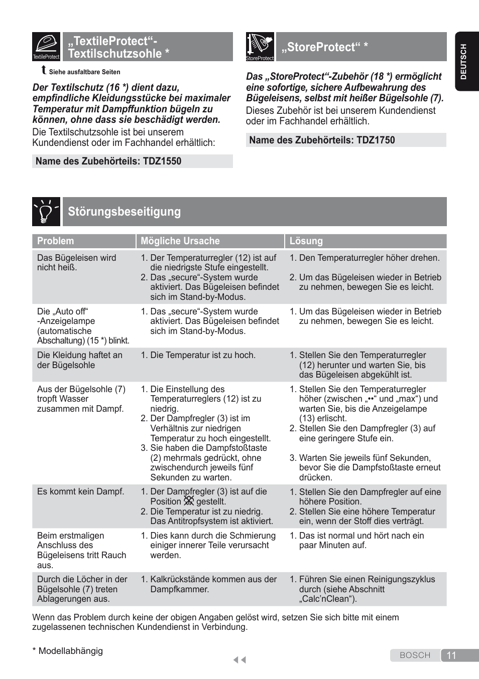 Textileprotect“-textilschutzsohle, Storeprotect, Störungsbeseitigung | Textileprotect“- textilschutzsohle | Bosch Dampfbügeleisen Sensixxx DA50 ProEnergy TDA502412E weiß grün User Manual | Page 13 / 128