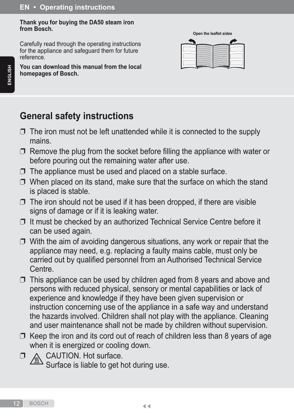 English, General safety instructions | Bosch Dampfbügeleisen Sensixxx DA50 ProEnergy TDA502412E weiß grün User Manual | Page 14 / 128