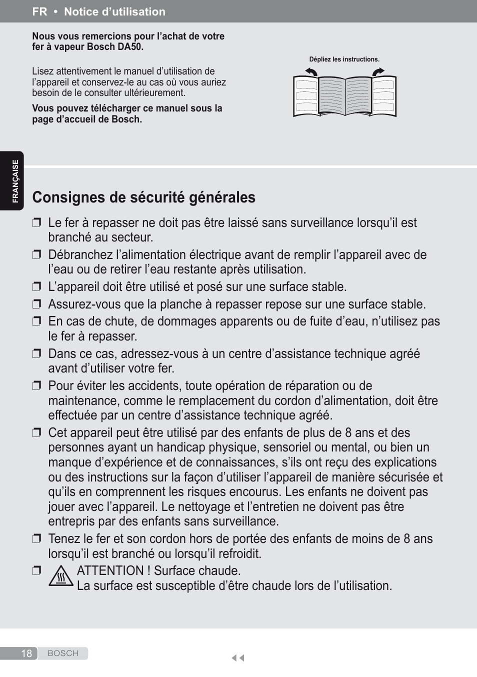 Française, Consignes de sécurité générales | Bosch Dampfbügeleisen Sensixxx DA50 ProEnergy TDA502412E weiß grün User Manual | Page 20 / 128