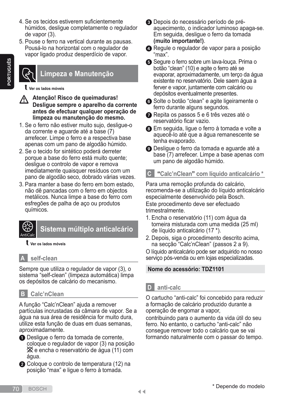 Limpeza e manutenção, Sistema múltiplo anticalcário | Bosch Dampfbügeleisen Sensixxx DA50 ProEnergy TDA502412E weiß grün User Manual | Page 72 / 128