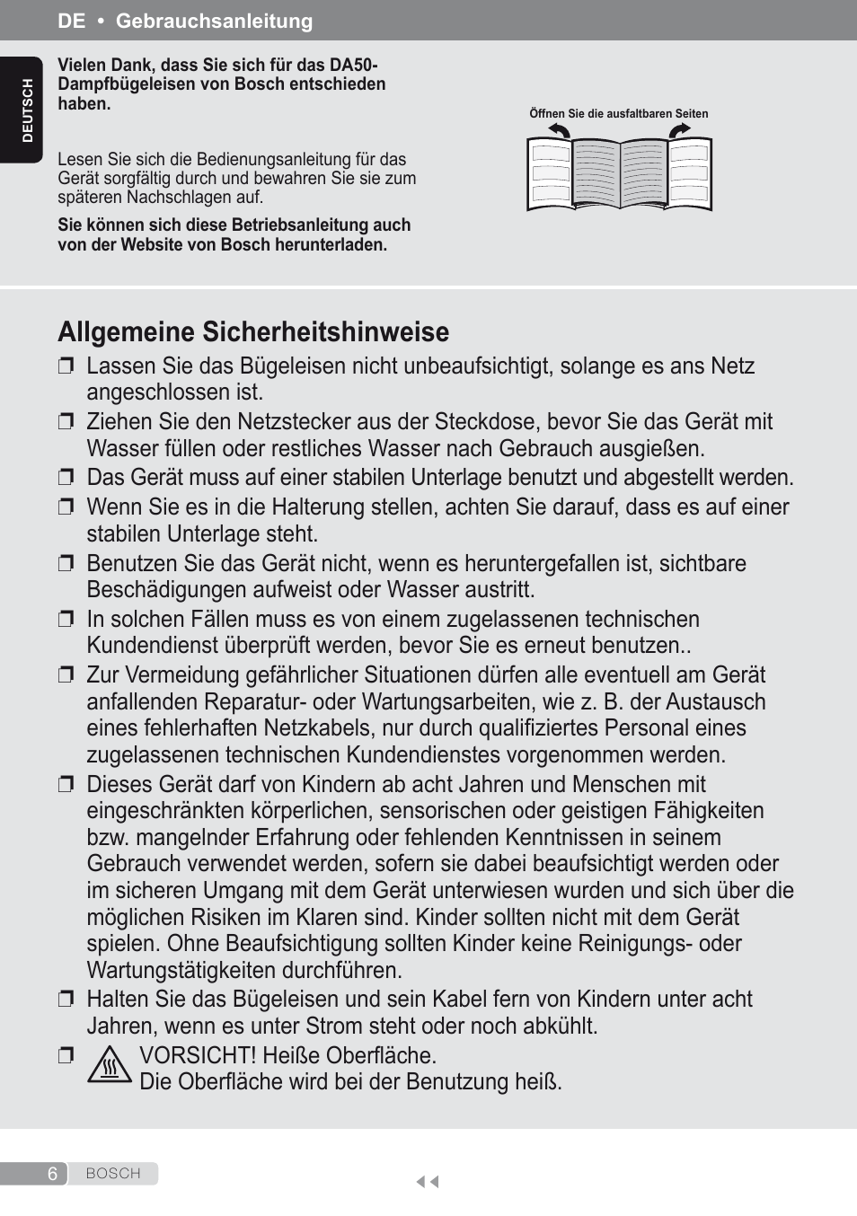Deutsch, Allgemeine sicherheitshinweise | Bosch Dampfbügeleisen Sensixxx DA50 ProEnergy TDA502412E weiß grün User Manual | Page 8 / 128