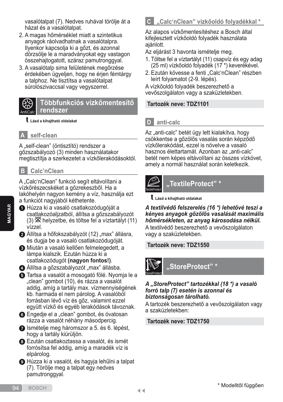 Többfunkciós vízkőmentesítő rendszer, Textileprotect, Storeprotect | Bosch Dampfbügeleisen Sensixxx DA50 ProEnergy TDA502412E weiß grün User Manual | Page 96 / 128