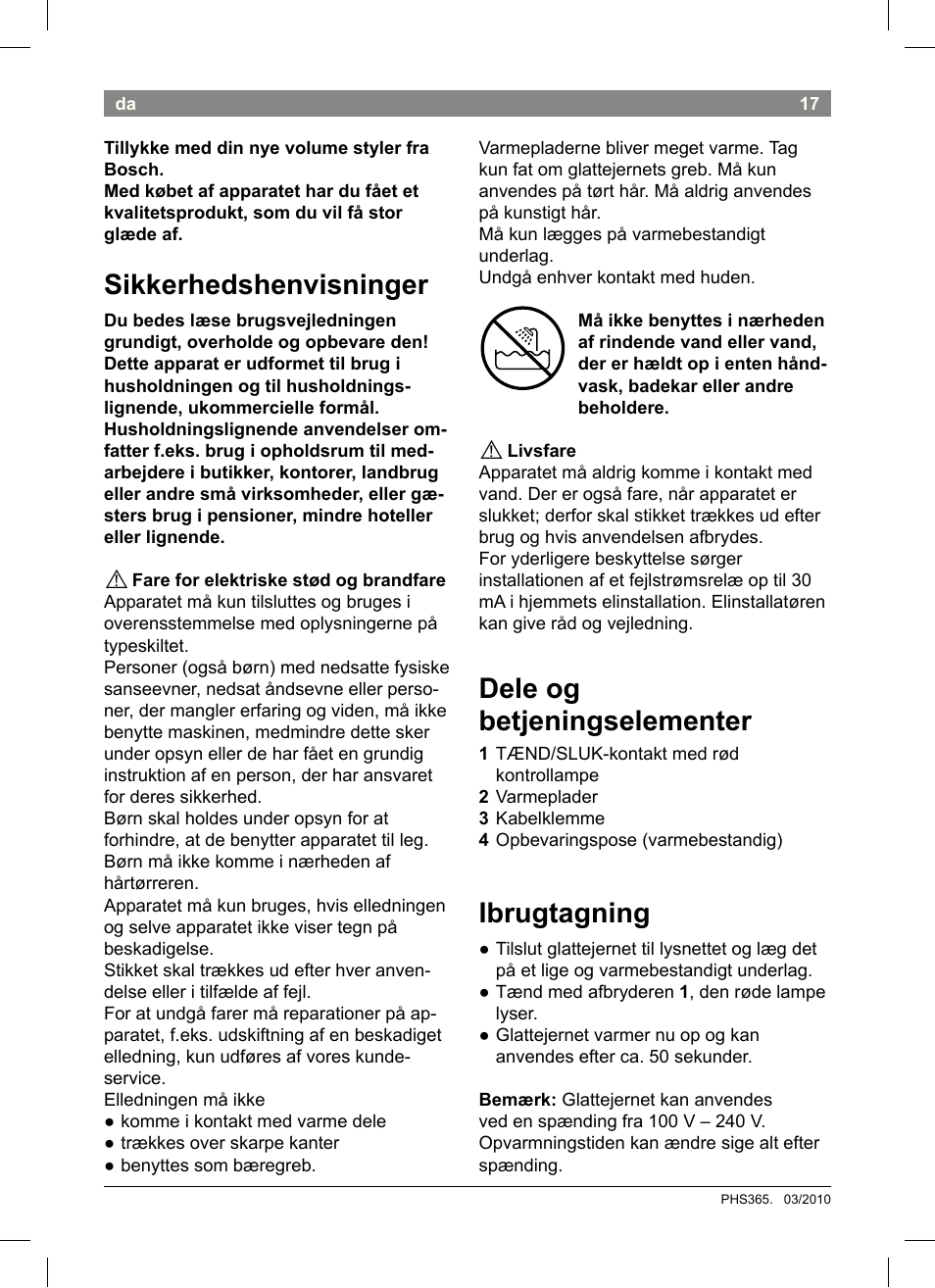 Sikkerhedshenvisninger, Dele og betjeningselementer, Ibrugtagning | Bosch PHS3651 Haarglätter BrilliantCare Business User Manual | Page 21 / 64