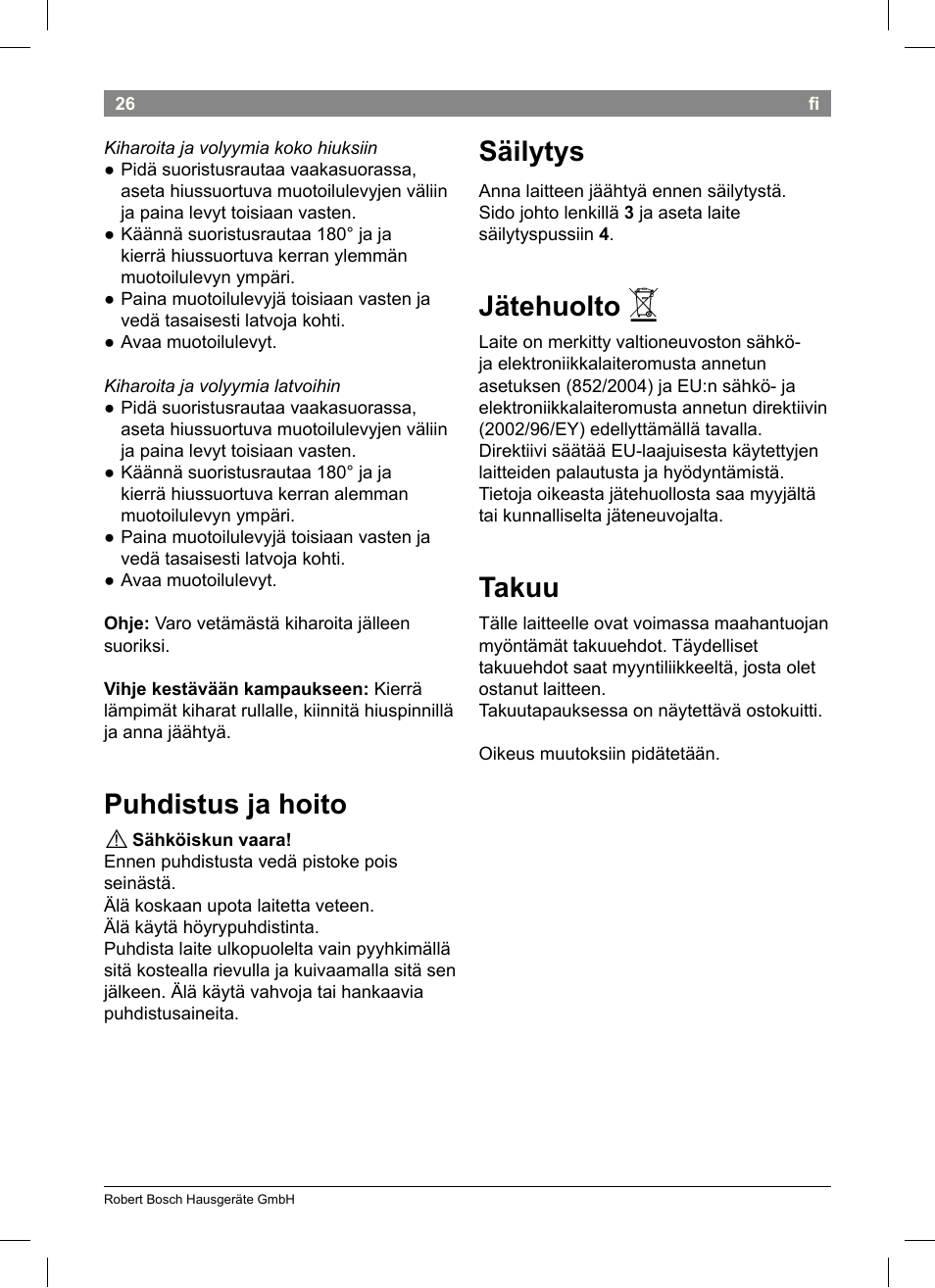 Puhdistus ja hoito, Säilytys, Jätehuolto | Takuu | Bosch PHS3651 Haarglätter BrilliantCare Business User Manual | Page 30 / 64