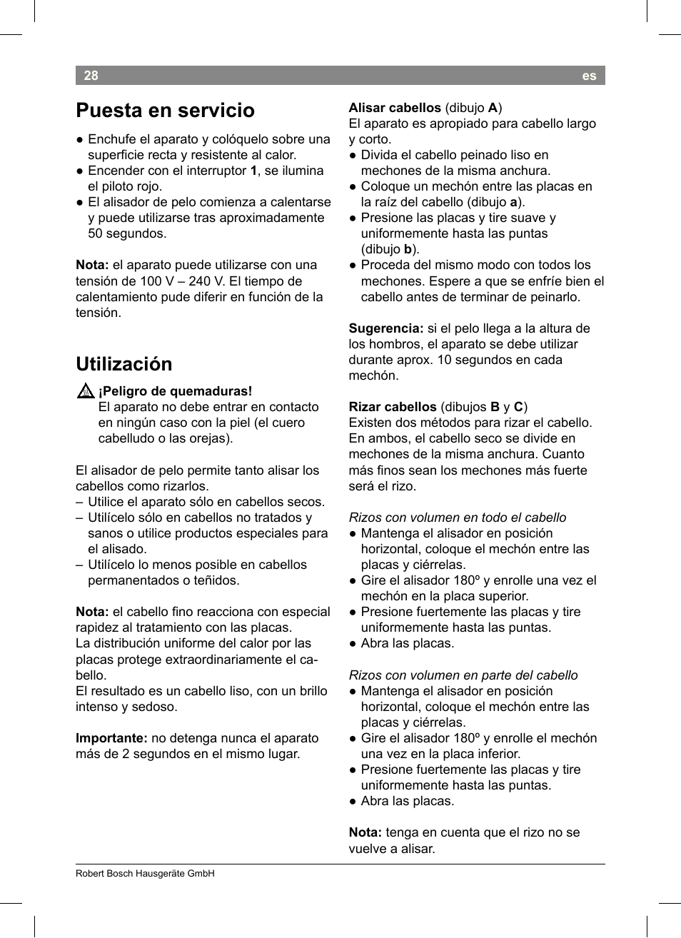 Puesta en servicio, Utilización | Bosch PHS3651 Haarglätter BrilliantCare Business User Manual | Page 32 / 64