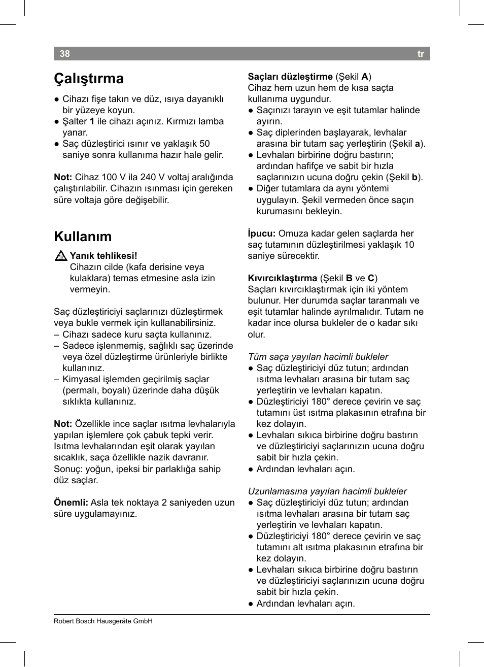 Çalıştırma, Kullanım | Bosch PHS3651 Haarglätter BrilliantCare Business User Manual | Page 42 / 64