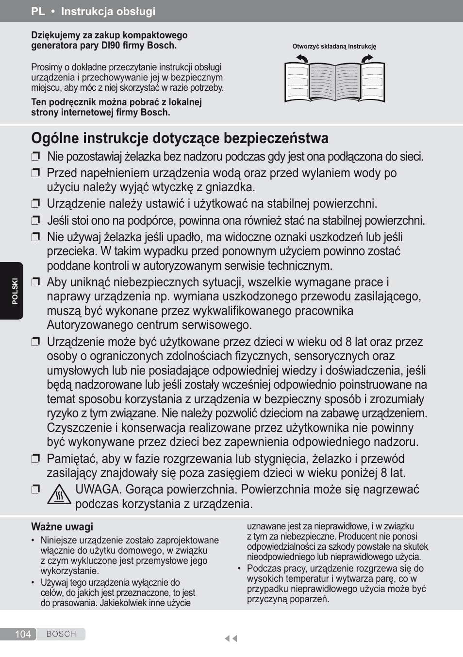 Polski, Ogólne instrukcje dotyczące bezpieczeństwa | Bosch Kompakt-Dampfgenerator Sensixx´x DI90 AntiShine TDI903231A anthrazit metallic rosso rot User Manual | Page 106 / 160