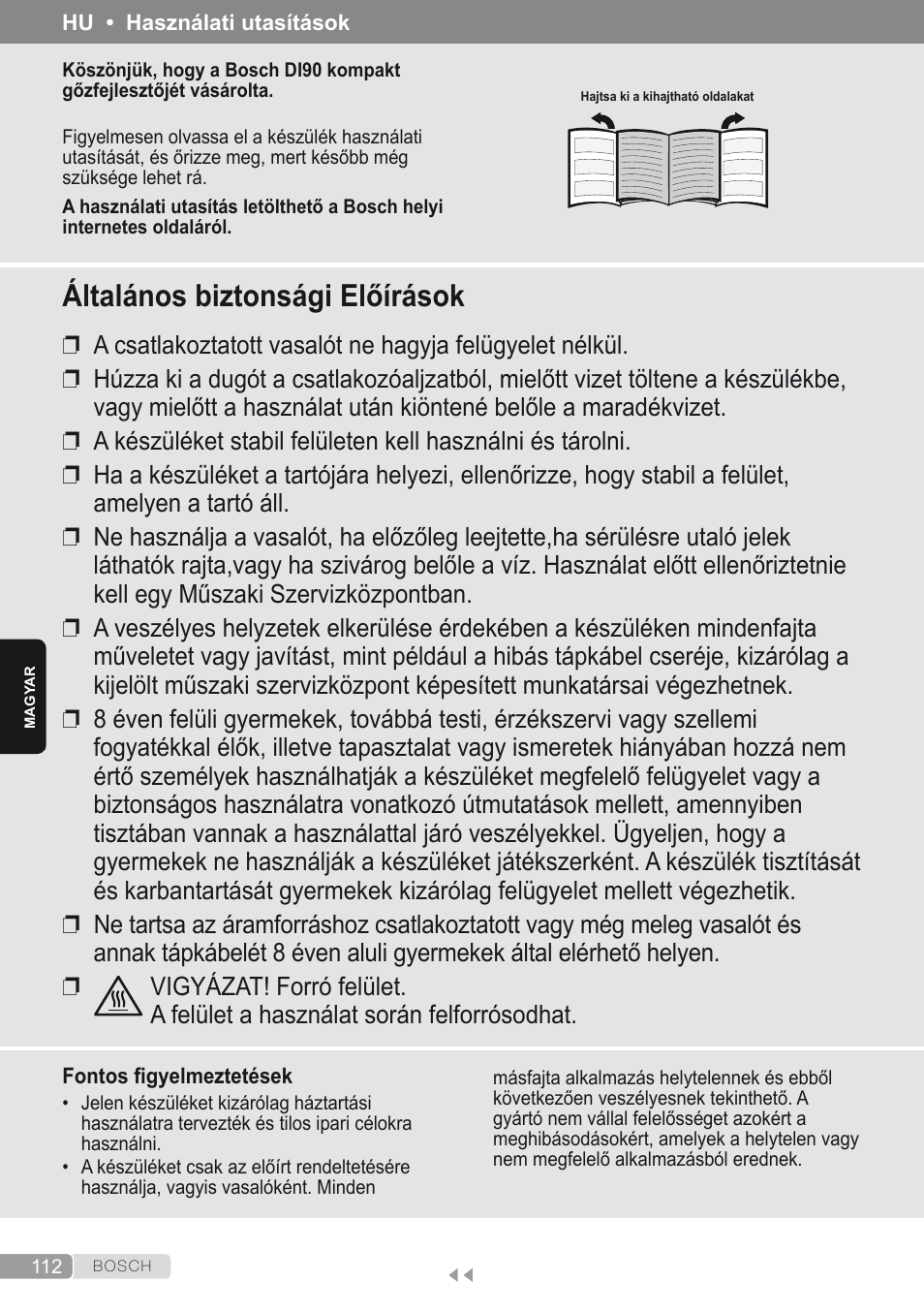 Magyar, Általános biztonsági előírások | Bosch Kompakt-Dampfgenerator Sensixx´x DI90 AntiShine TDI903231A anthrazit metallic rosso rot User Manual | Page 114 / 160