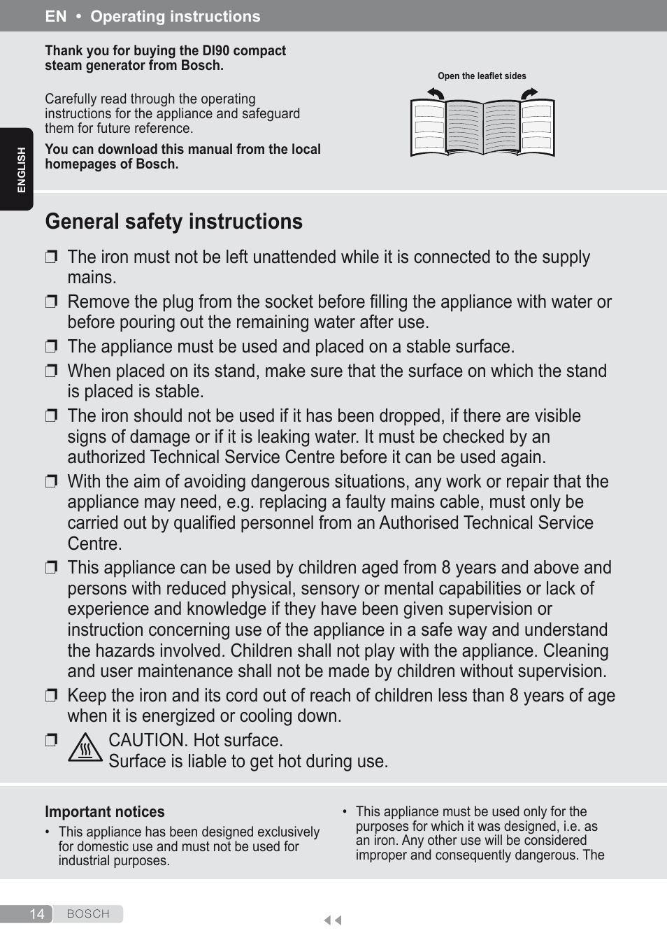 English, General safety instructions | Bosch Kompakt-Dampfgenerator Sensixx´x DI90 AntiShine TDI903231A anthrazit metallic rosso rot User Manual | Page 16 / 160