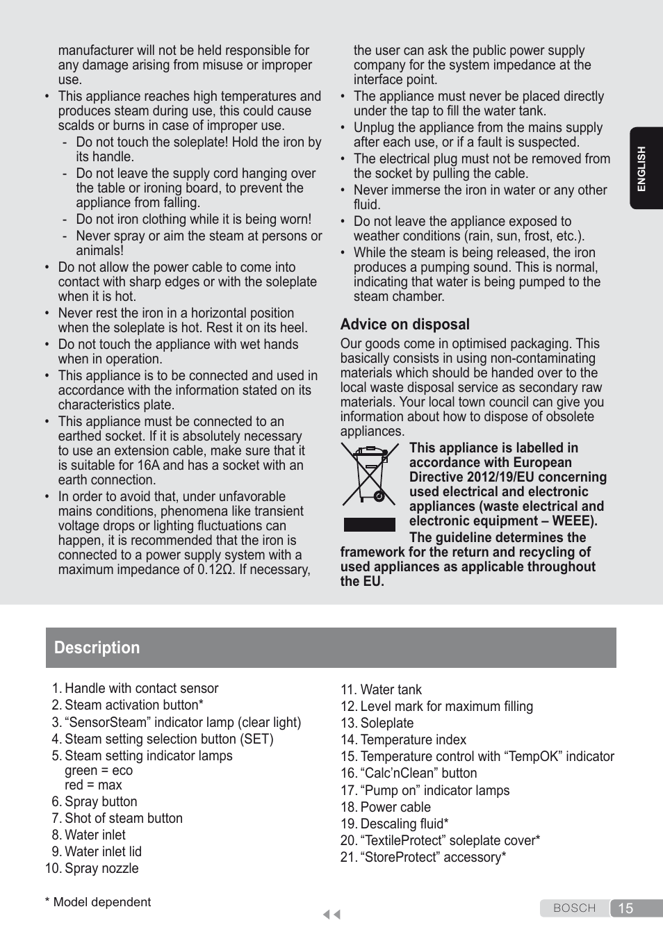 Description | Bosch Kompakt-Dampfgenerator Sensixx´x DI90 AntiShine TDI903231A anthrazit metallic rosso rot User Manual | Page 17 / 160