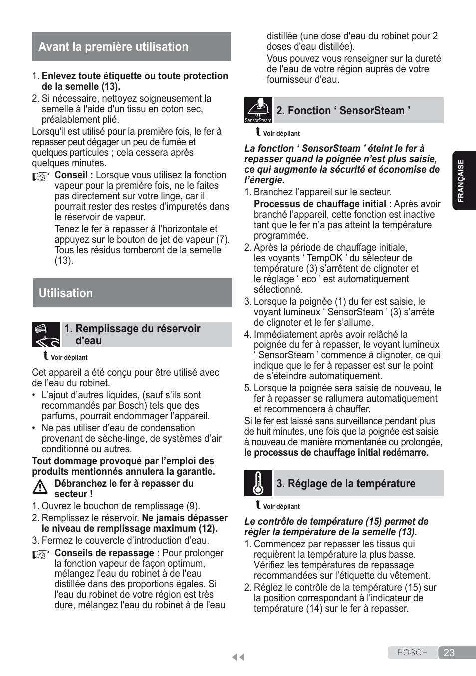 Avant la première utilisation, Utilisation, Remplissage du réservoir d'eau | Fonction ‘ sensorsteam, Réglage de la température | Bosch Kompakt-Dampfgenerator Sensixx´x DI90 AntiShine TDI903231A anthrazit metallic rosso rot User Manual | Page 25 / 160