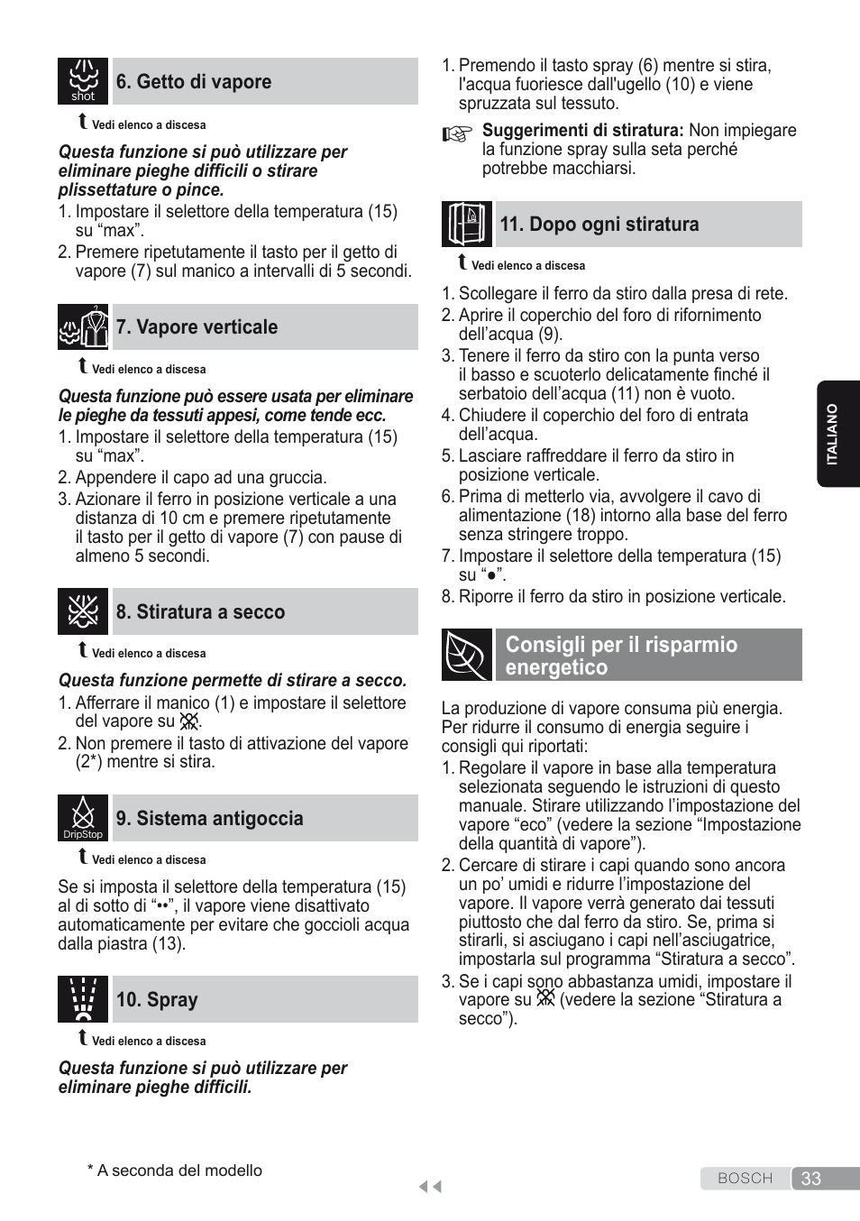 Getto di vapore, Vapore verticale, Stiratura a secco | Sistema antigoccia, Spray, Dopo ogni stiratura, Consigli per il risparmio energetico | Bosch Kompakt-Dampfgenerator Sensixx´x DI90 AntiShine TDI903231A anthrazit metallic rosso rot User Manual | Page 35 / 160