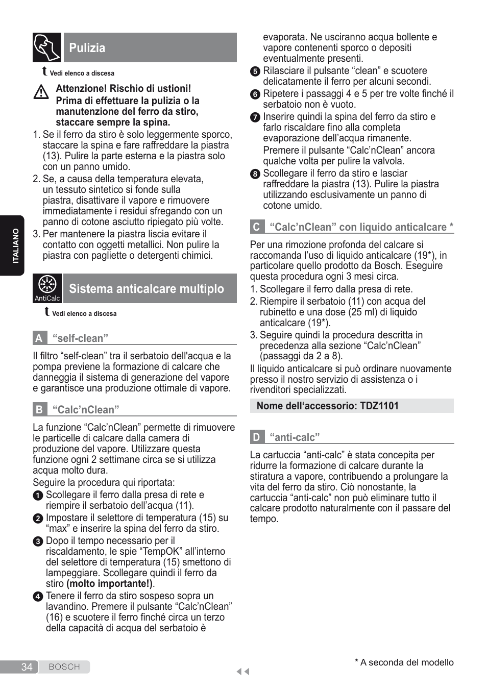 Pulizia, Sistema anticalcare multiplo | Bosch Kompakt-Dampfgenerator Sensixx´x DI90 AntiShine TDI903231A anthrazit metallic rosso rot User Manual | Page 36 / 160