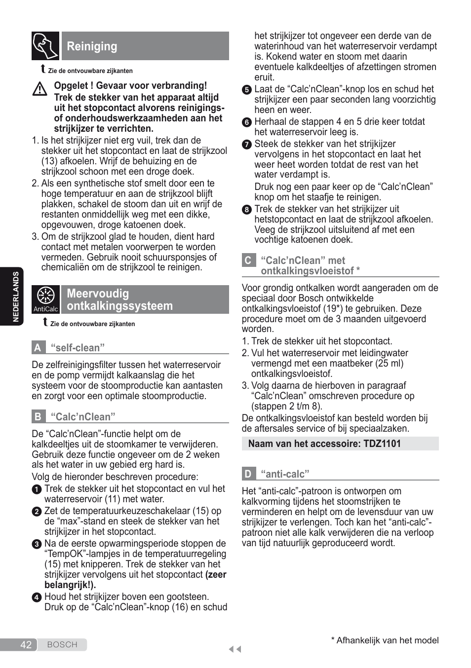 Reiniging, Meervoudig ontkalkingssysteem | Bosch Kompakt-Dampfgenerator Sensixx´x DI90 AntiShine TDI903231A anthrazit metallic rosso rot User Manual | Page 44 / 160