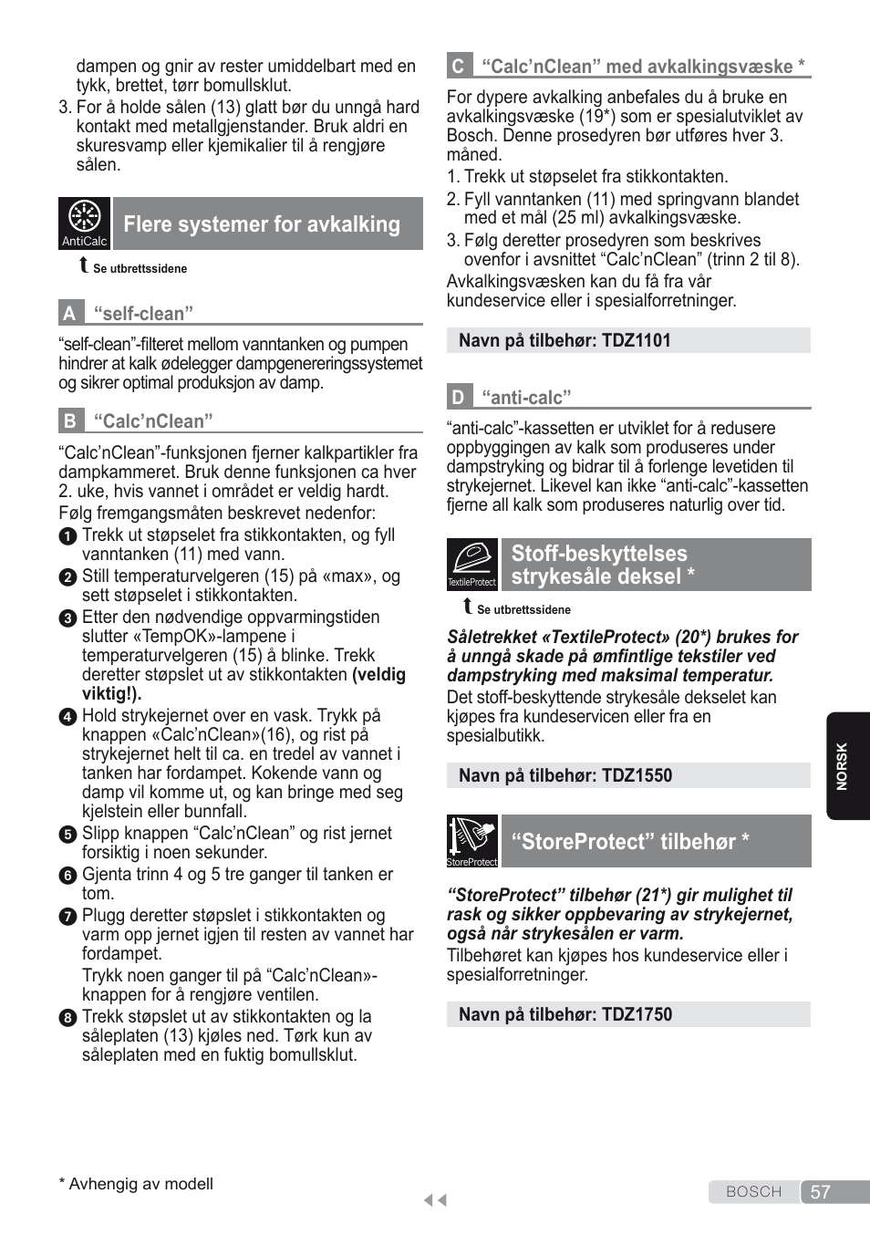 Flere systemer for avkalking, Stoff-beskyttelses strykesåle deksel, Storeprotect” tilbehør | Bosch Kompakt-Dampfgenerator Sensixx´x DI90 AntiShine TDI903231A anthrazit metallic rosso rot User Manual | Page 59 / 160