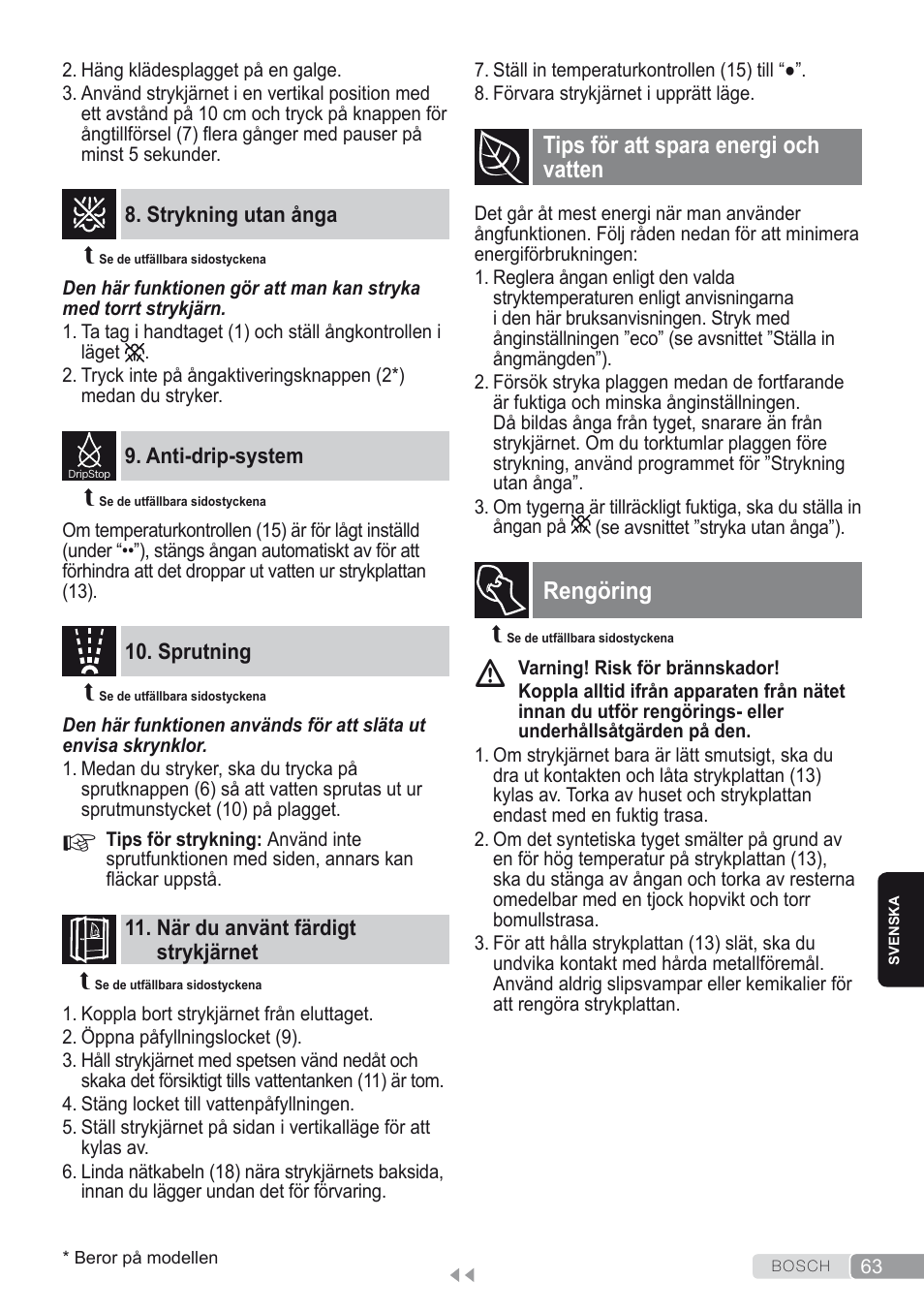 Strykning utan ånga, Anti-drip-system, Sprutning | När du använt färdigt strykjärnet, Tips för att spara energi och vatten, Rengöring | Bosch Kompakt-Dampfgenerator Sensixx´x DI90 AntiShine TDI903231A anthrazit metallic rosso rot User Manual | Page 65 / 160