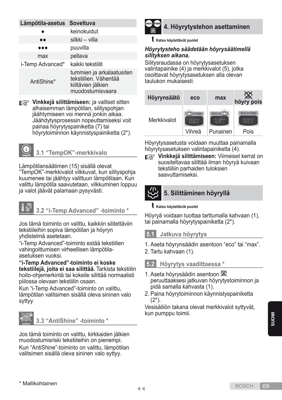1 “tempok”-merkkivalo, 2 “i-temp advanced” -toiminto, 3 “antishine” -toiminto | Höyrytystehon asettaminen, Silittäminen höyryllä, 1 jatkuva höyrytys, 2 höyrytys vaadittaessa | Bosch Kompakt-Dampfgenerator Sensixx´x DI90 AntiShine TDI903231A anthrazit metallic rosso rot User Manual | Page 71 / 160
