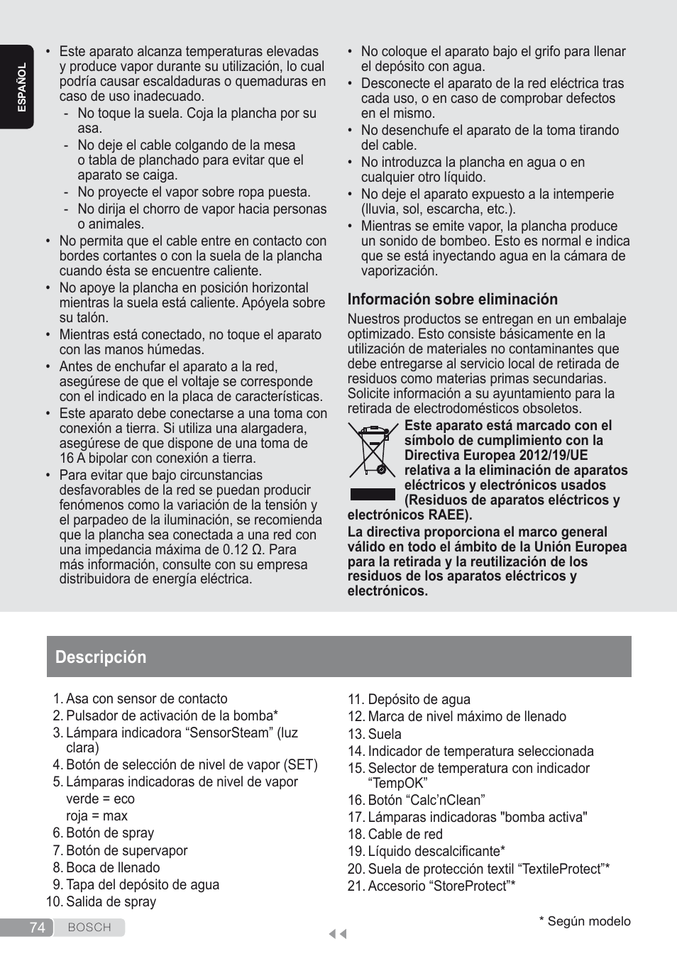 Descripción | Bosch Kompakt-Dampfgenerator Sensixx´x DI90 AntiShine TDI903231A anthrazit metallic rosso rot User Manual | Page 76 / 160