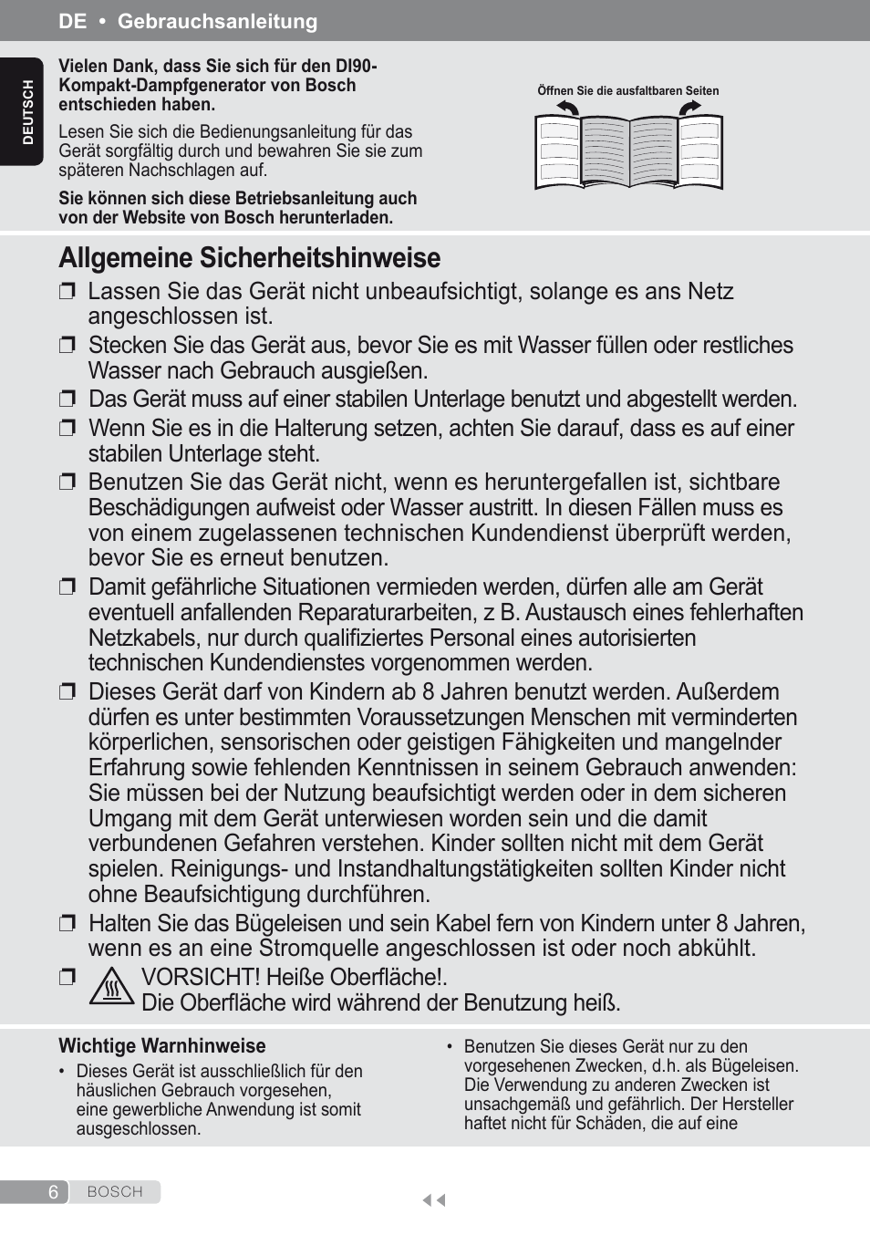 Deutsch, Allgemeine sicherheitshinweise | Bosch Kompakt-Dampfgenerator Sensixx´x DI90 AntiShine TDI903231A anthrazit metallic rosso rot User Manual | Page 8 / 160