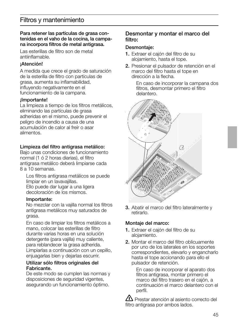 Filtros y mantenimiento | Bosch DHI645H grau-metallic Flachschirmhaube 60 cm User Manual | Page 45 / 68