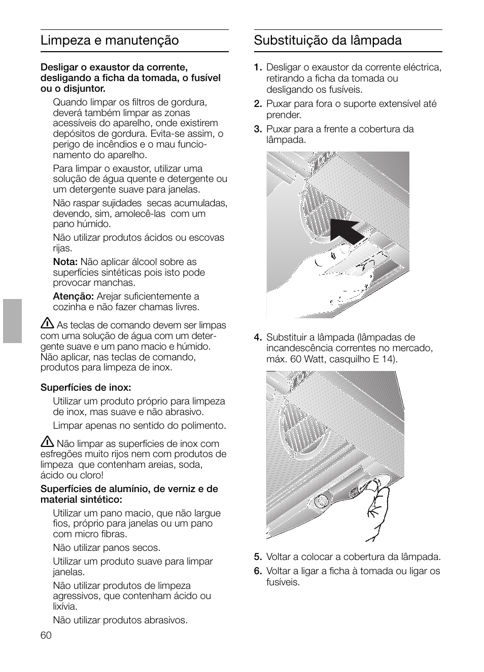 Substituição da lâmpada, Limpeza e manutenção | Bosch DHI645H grau-metallic Flachschirmhaube 60 cm User Manual | Page 60 / 68