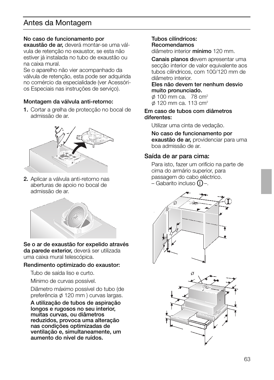 Antes da montagem, Saída de ar para cima | Bosch DHI645H grau-metallic Flachschirmhaube 60 cm User Manual | Page 63 / 68
