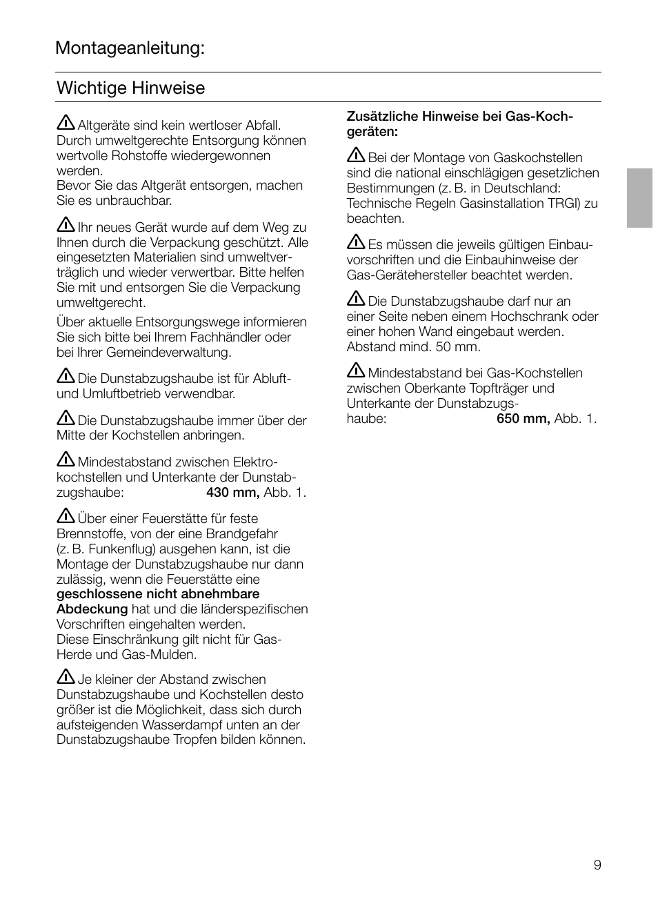 Montageanleitung: wichtige hinweise | Bosch DHI645H grau-metallic Flachschirmhaube 60 cm User Manual | Page 9 / 68