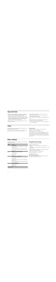 Tips and tricks, Timer, Setting procedure | Touch the u symbol until the u indicator lights up, Set the desired time in the settings range, Basic settings, Changing the basic settings, Switch on the teppan yaki, Set the desired value on the settings range, Touch the u symbol for 4 seconds | Bosch PKY475N14E Edelstahl Comfort-Profil Teppan Yaki User Manual | Page 16 / 44
