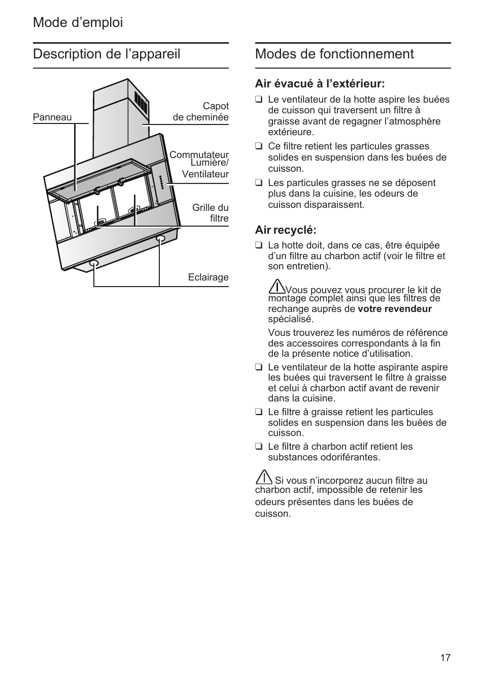 Mode d’emploi modes de fonctionnement, Description de l’appareil | Bosch DWK096652 Edelstahl User Manual | Page 17 / 84