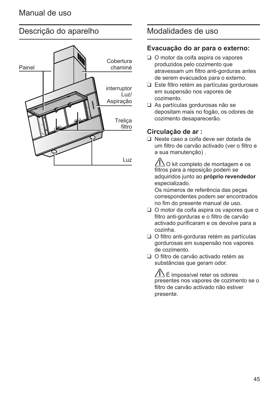 Manual de uso modalidades de uso, Descrição do aparelho | Bosch DWK096652 Edelstahl User Manual | Page 45 / 84