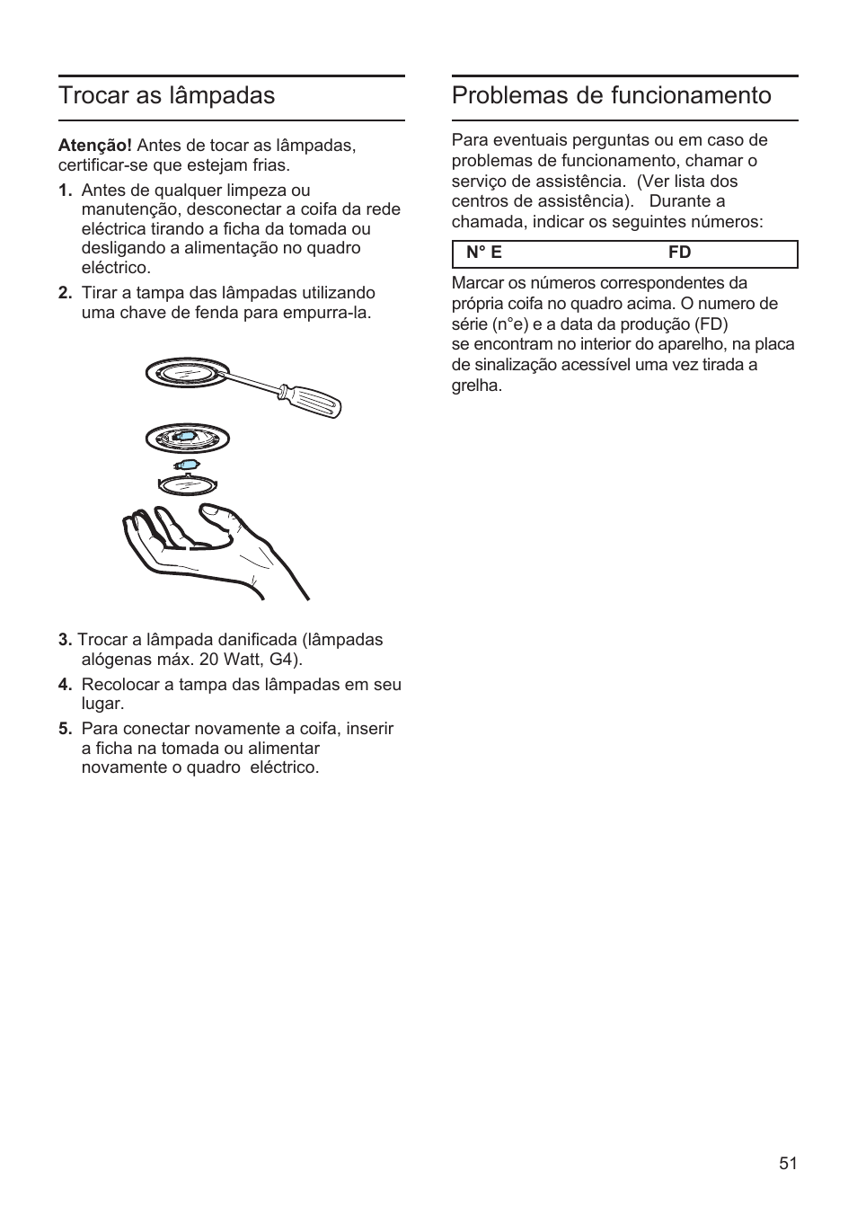 Trocar as lâmpadas, Problemas de funcionamento | Bosch DWK096652 Edelstahl User Manual | Page 51 / 84
